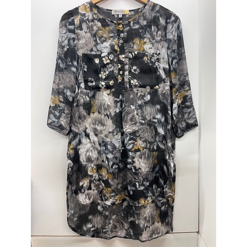 Anthropologie Figuerca & Flower Floral Tunic Top Black Grey Gold 3/4 Sleeve S